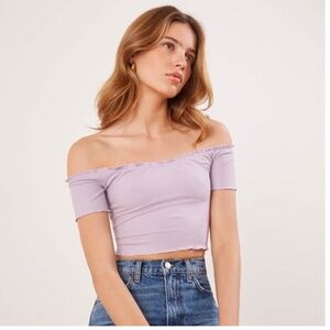 Reformation Lilac Willett Off the Shoulder Ribbed Crop Top, Medium, Made in USA